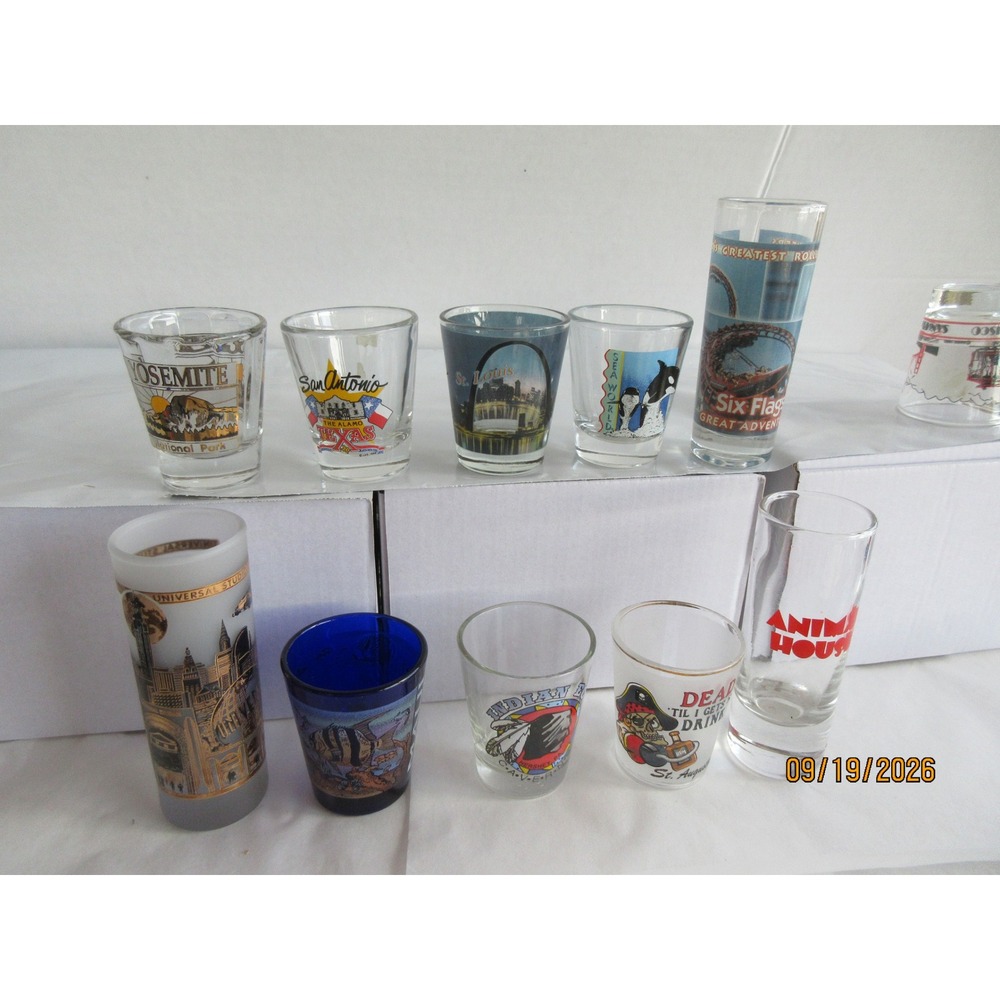 Vintage Souvenir Shot Glass Lot 10pc Yosemite Six Flags Universal Studios Maui